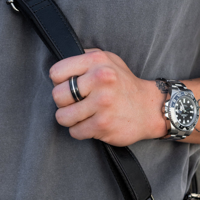 Black Diamond - Men’s Ring 8mm - Platinum Inlay - ARES - Elysium Black Diamond