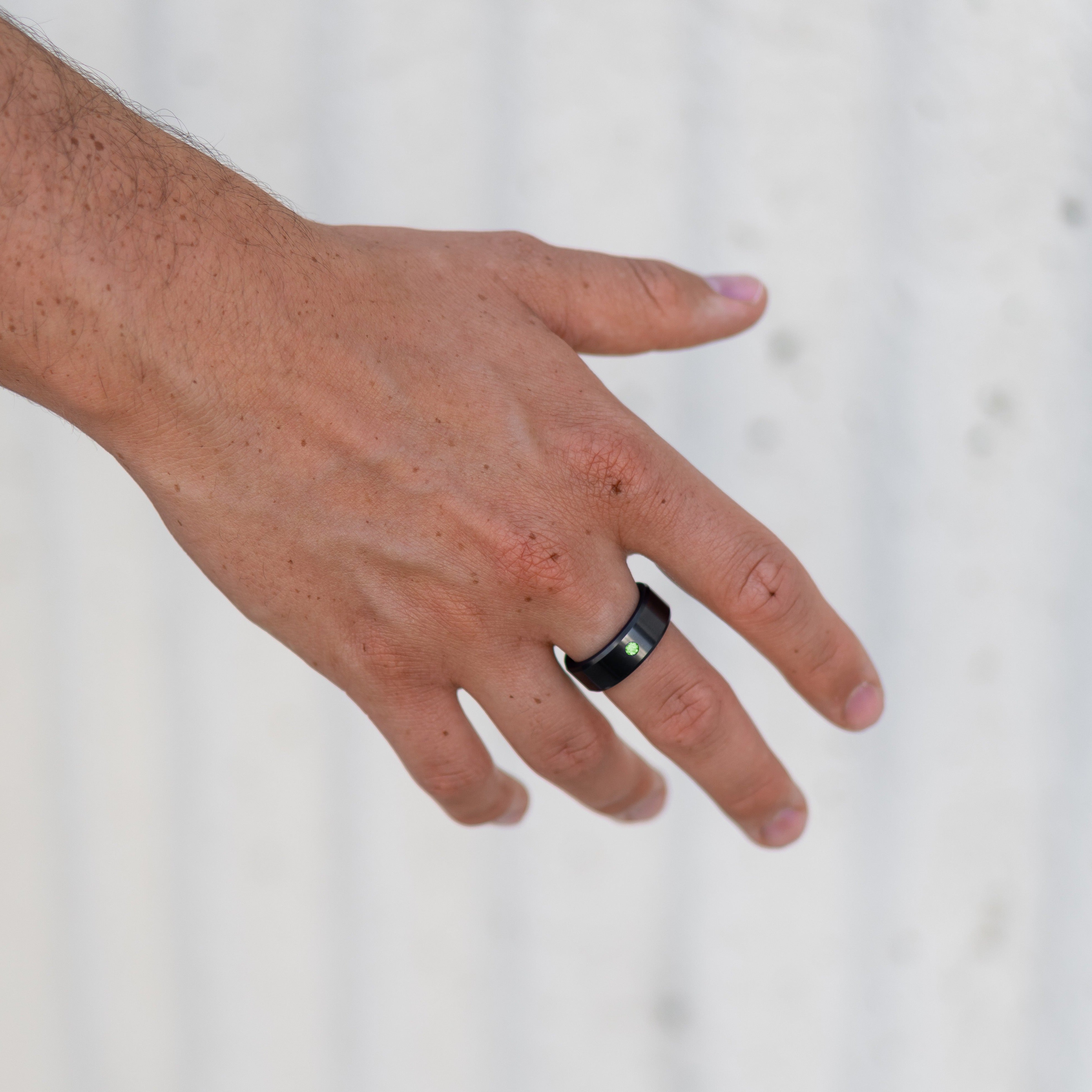 Men's Black Diamond & Green Diamond Inset Lifestyle Shot # 2 | Elysium ARES | Black Diamond Ring | Mens Green Diamond Ring | Mens Black & Green Diamond Band