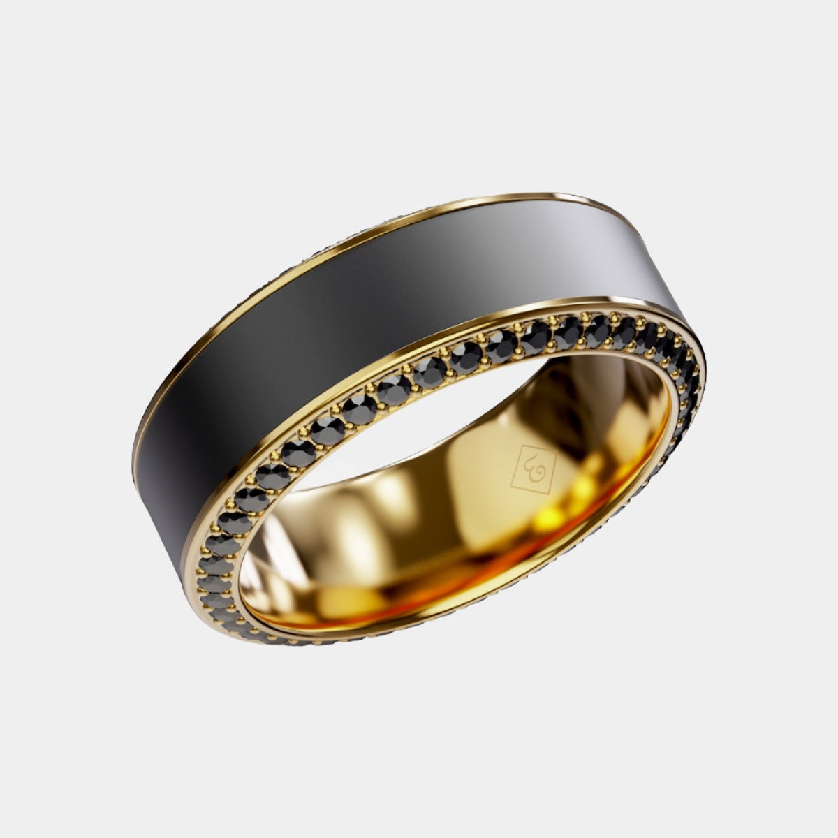 Black Diamond - Men’s Ring 8mm - Yellow Gold Band w Black Diamond inlay and Diamond Insets - HELIOS - Elysium Black Diamond