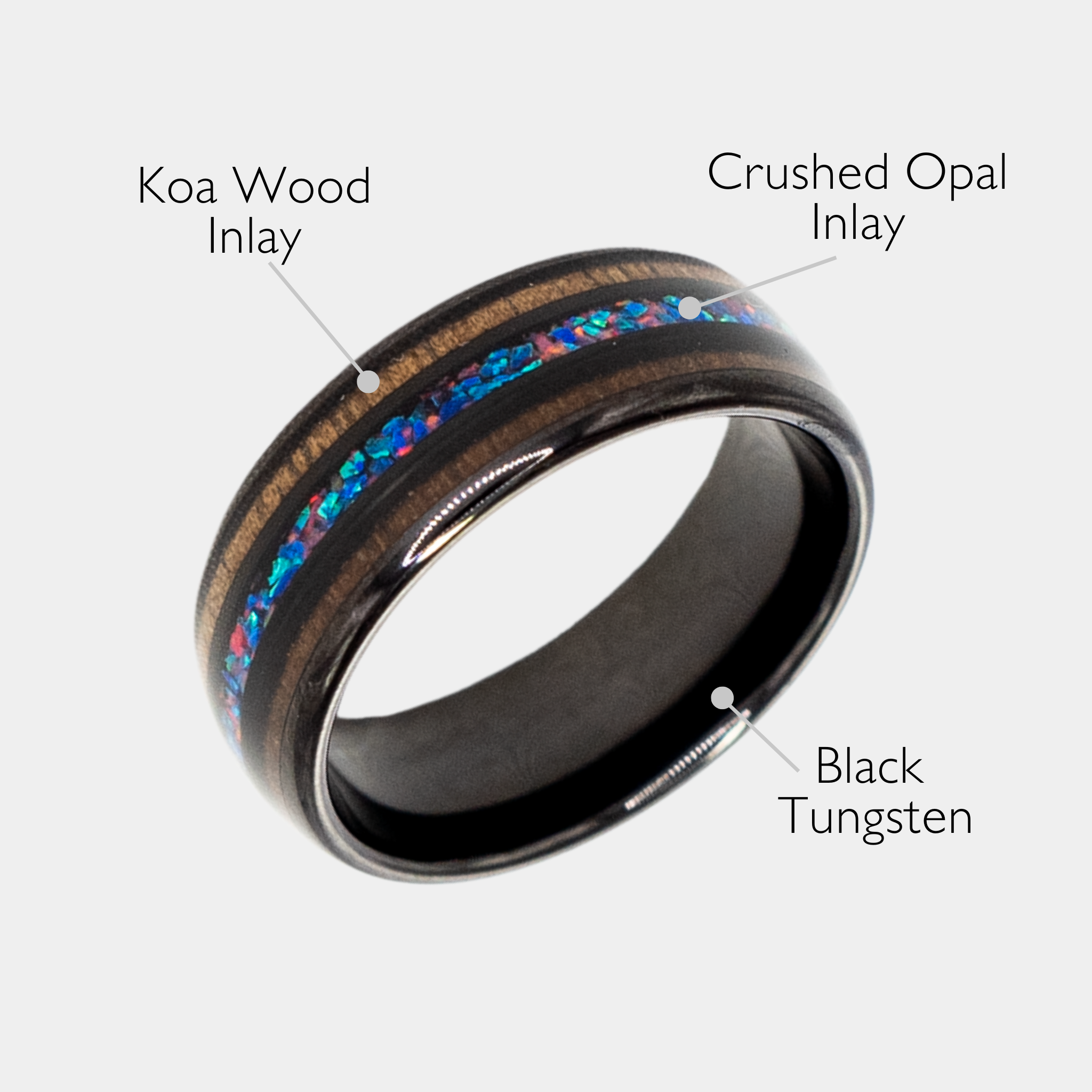 Nereus ring – Black Tungsten featuring Double Koa Wood and Crushed Opal Inlays from the Hustler Collection. Angled view with product name overlay.