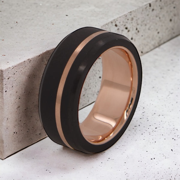 Black Diamond - Men’s Ring 8mm - 14k Rose Gold Sleeve with Rose Gold Offset Inlay - ARES - Elysium Black Diamond