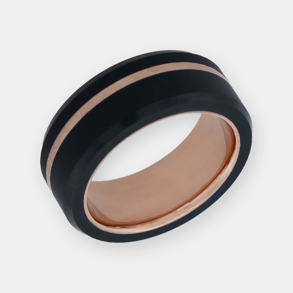 Black Diamond - Men’s Ring 8mm - 14k Rose Gold Sleeve with Rose Gold Offset Inlay  - ARES - Elysium Black Diamond