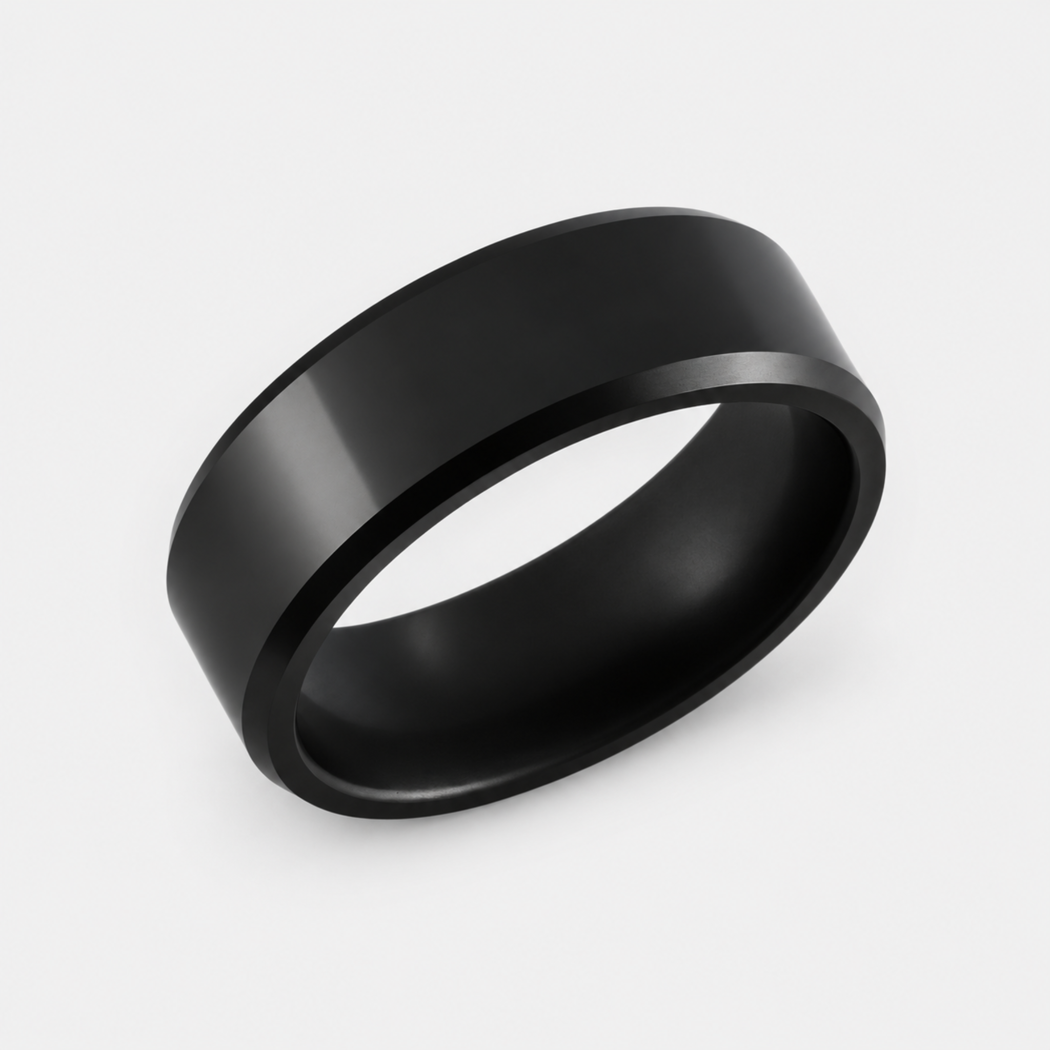 ARES solid black diamond wedding band in 8mm polished finish, shown at a three-quarter angle