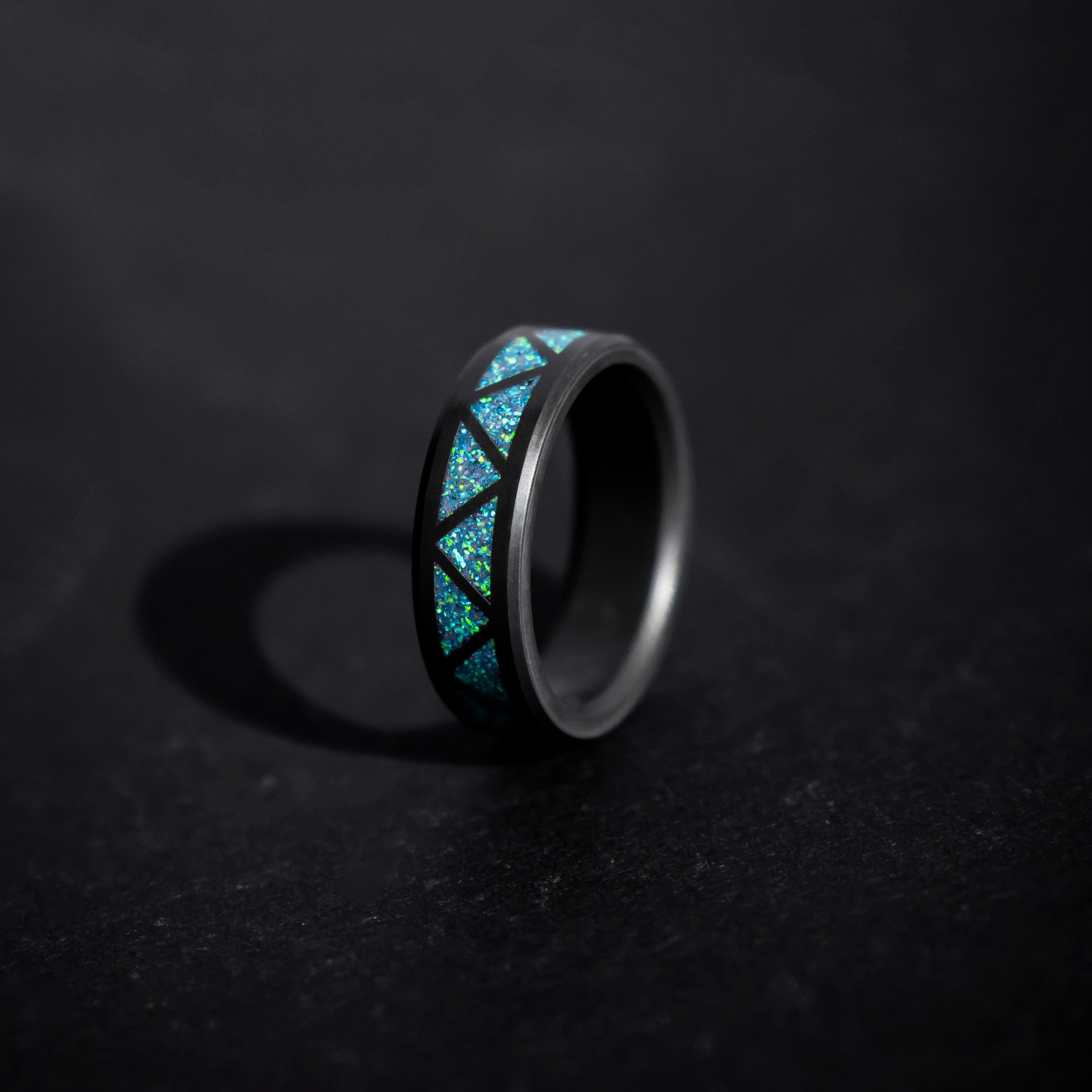 Black Diamond - Men’s Ring 8mm - Blue Opal Triangle Pattern Inlay - ARES - Elysium Black Diamond