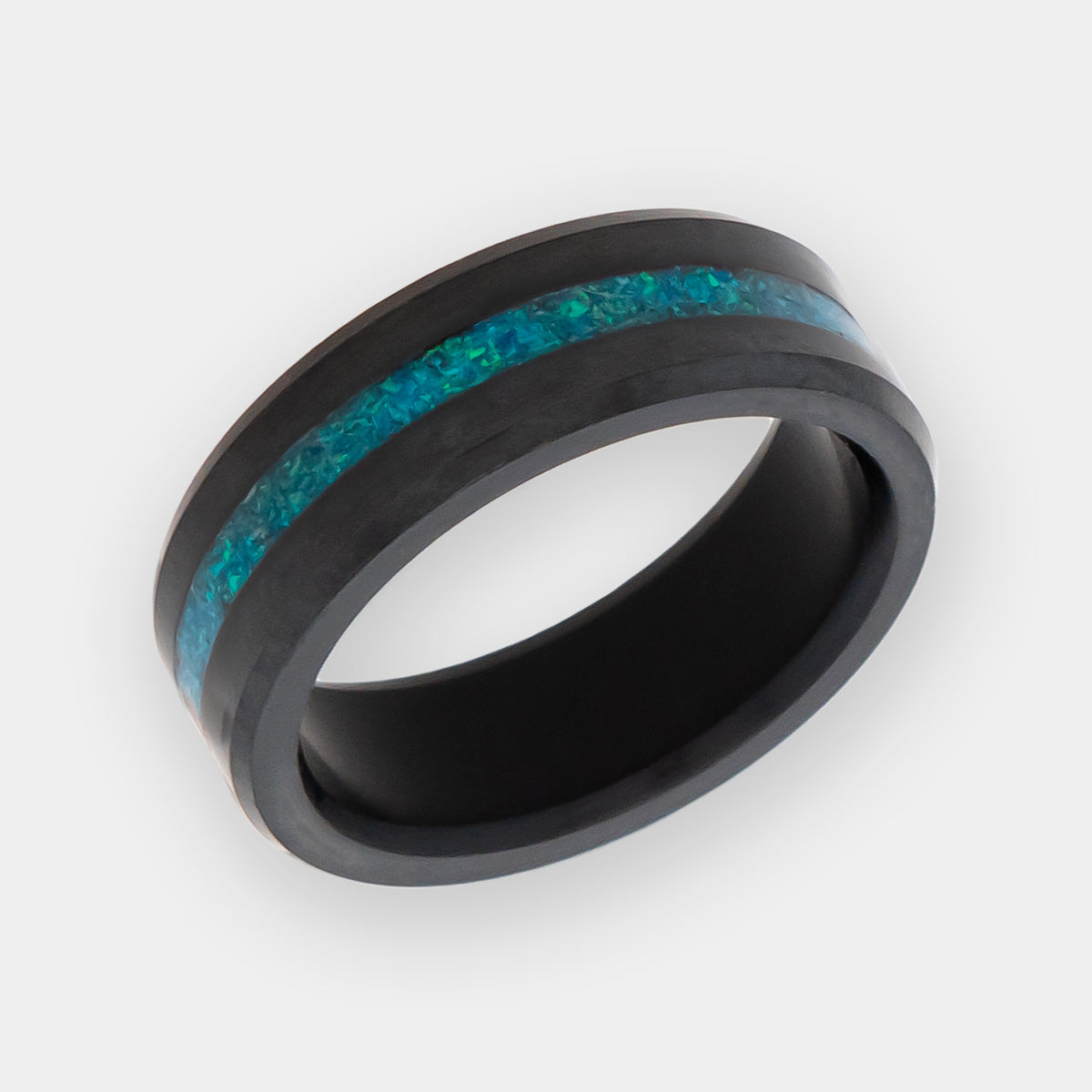 Elysium Ares: 8mm Solid Black Diamond Ring with Blue Opal Inset