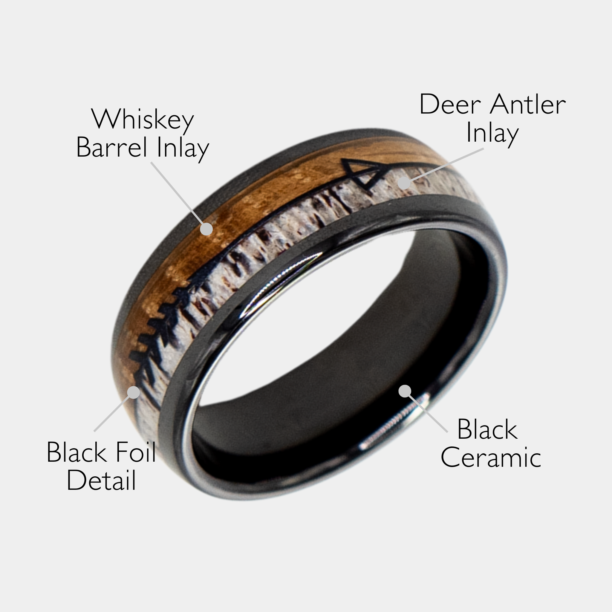 Eros ring – solid black diamond with polished beveled edges from the Hustler Collection. Angled view with product name overlay.