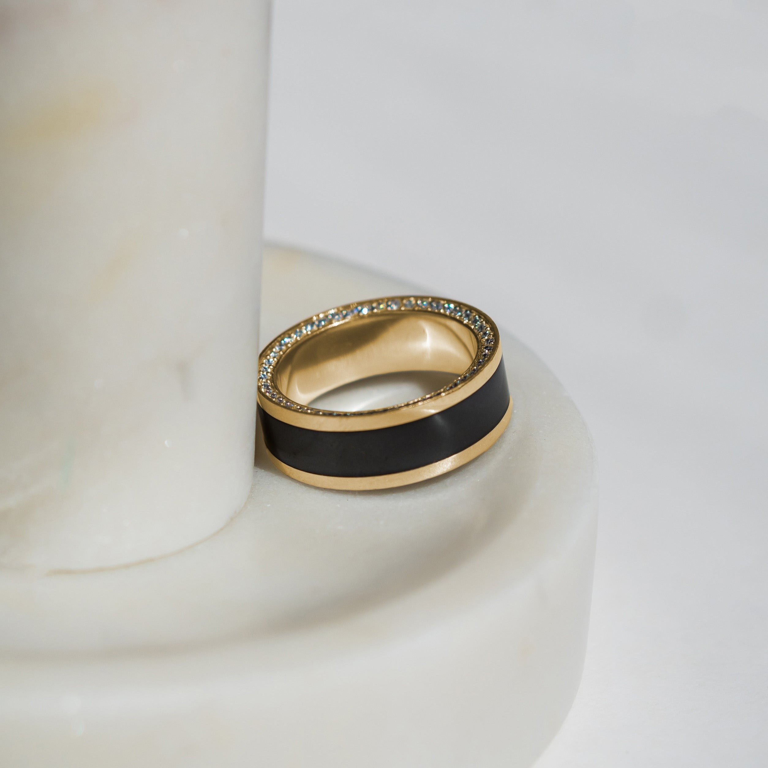 Black Diamond - Men’s Ring 8mm - Yellow Gold Band w Black Diamond inlay and Diamond Insets - ZEUS - Elysium Black Diamond