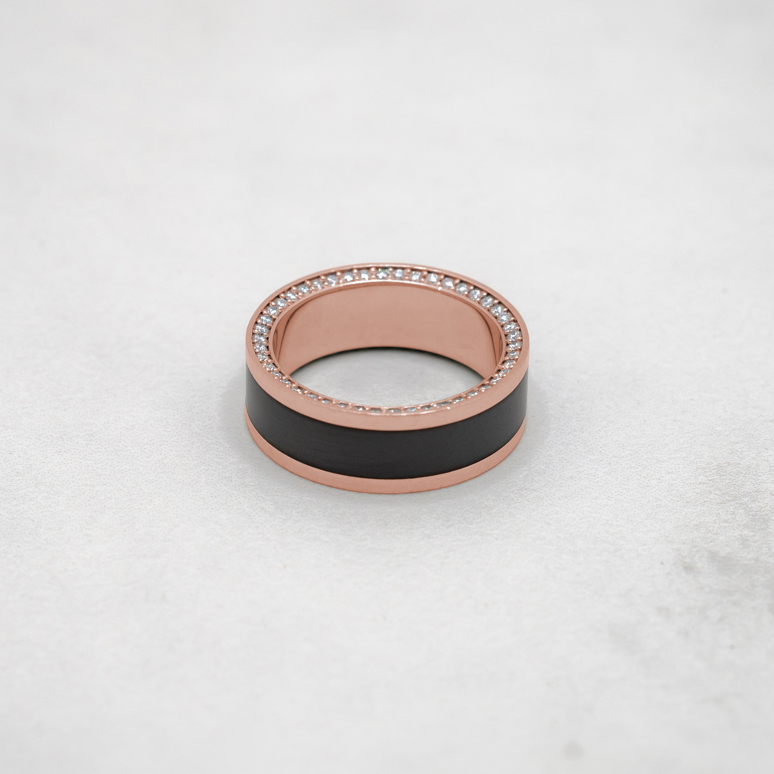 Black Diamond - Men’s Ring 8mm - Rose Gold Band w Black Diamond inlay and Diamond Insets - ZEUS - Elysium Black Diamond