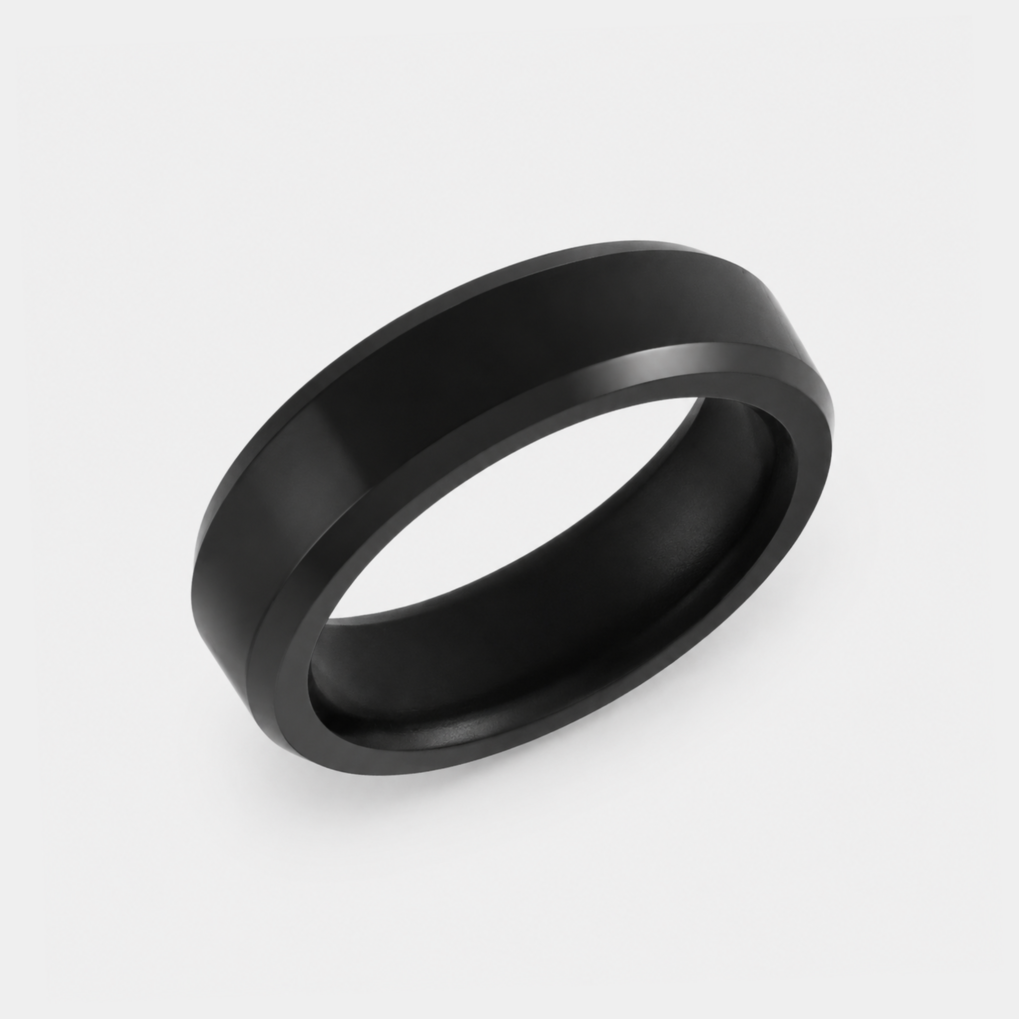 ARES solid black diamond wedding band in 6mm polished finish, shown at a three-quarter angle