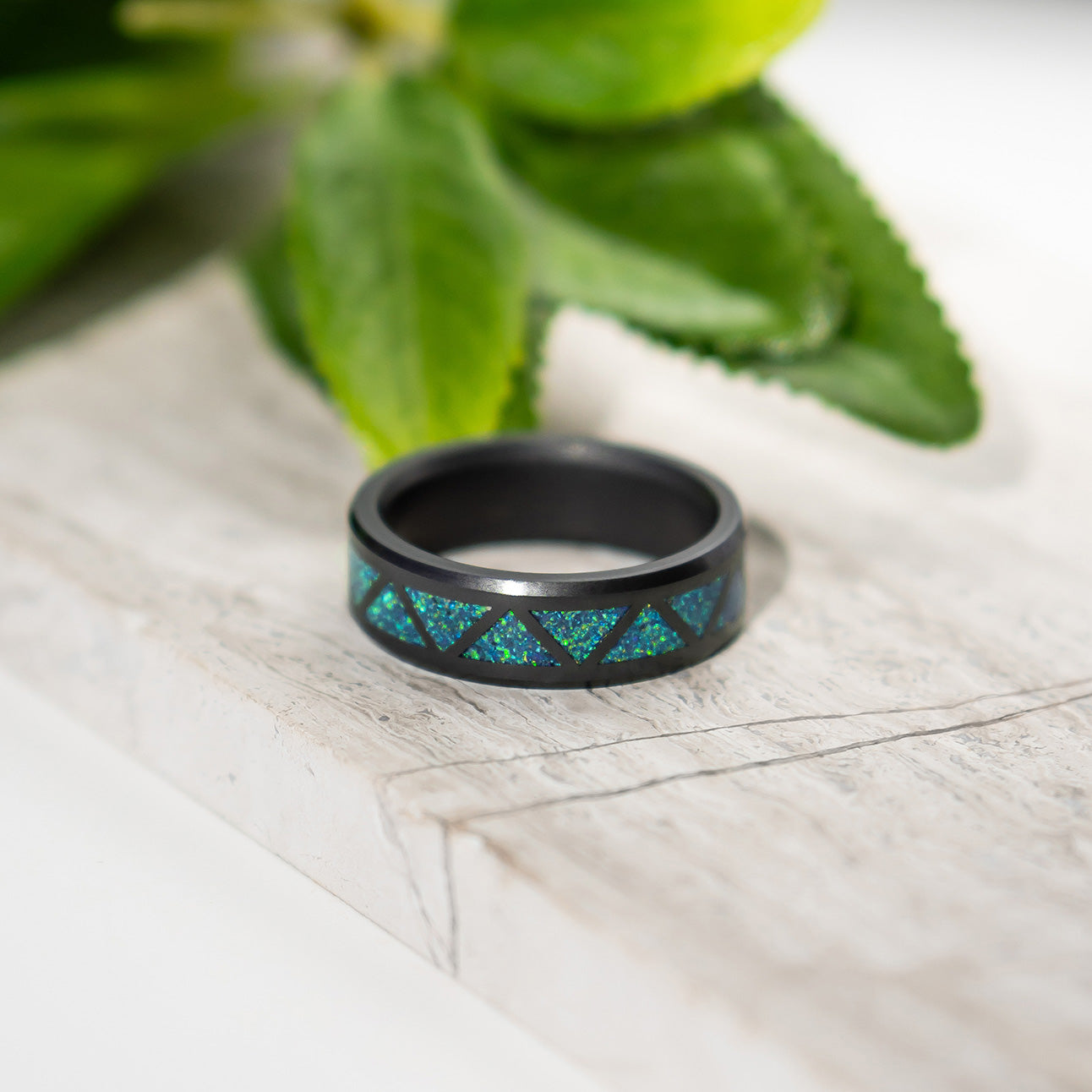 Black Diamond - Men’s Ring 8mm - Blue Opal Triangle Pattern Inlay - ARES - Elysium Black Diamond