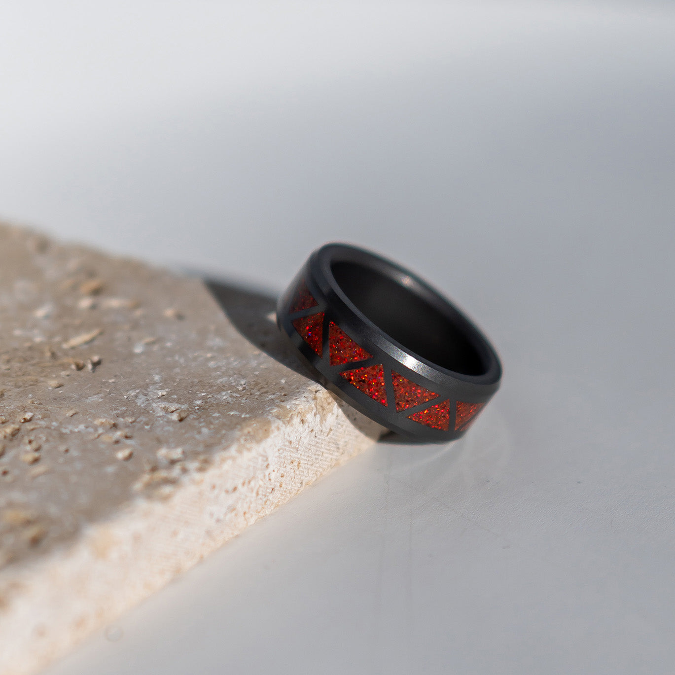 Black Diamond - Men’s Ring 8mm - Red Opal Triangle Pattern Inlay - ARES - Elysium Black Diamond