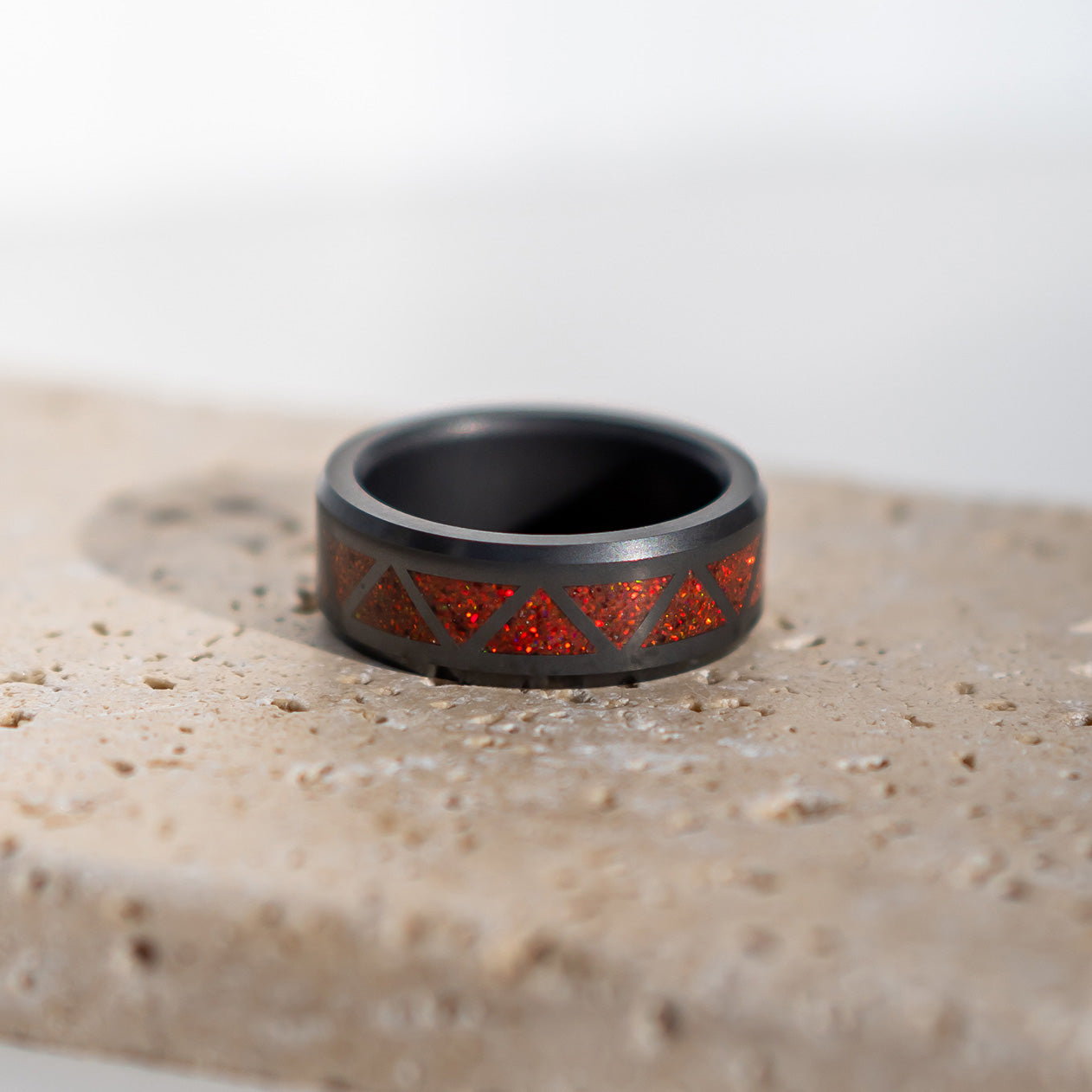 Black Diamond - Men’s Ring 8mm - Red Opal Triangle Pattern Inlay - ARES - Elysium Black Diamond