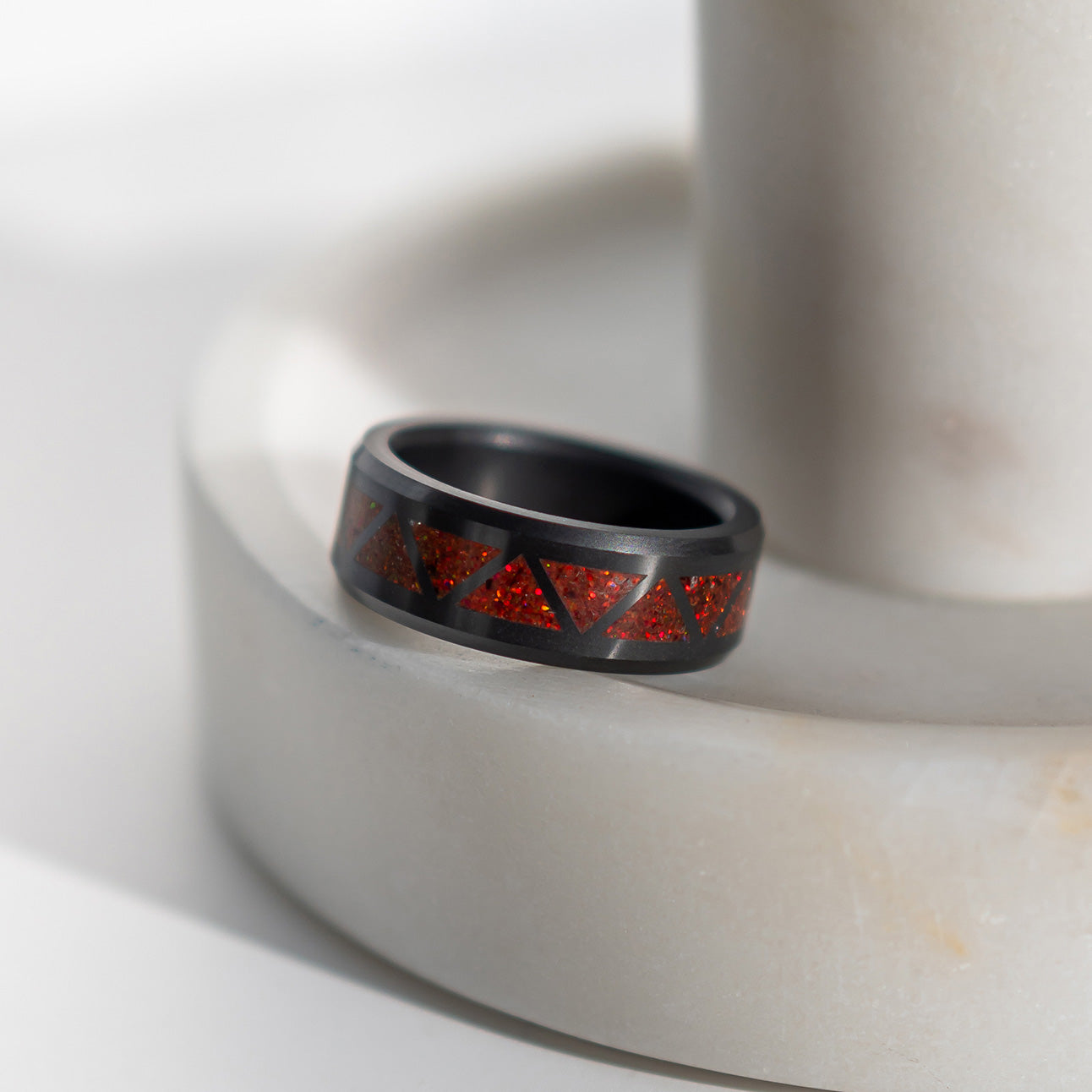 Black Diamond - Men’s Ring 8mm - Red Opal Triangle Pattern Inlay - ARES - Elysium Black Diamond